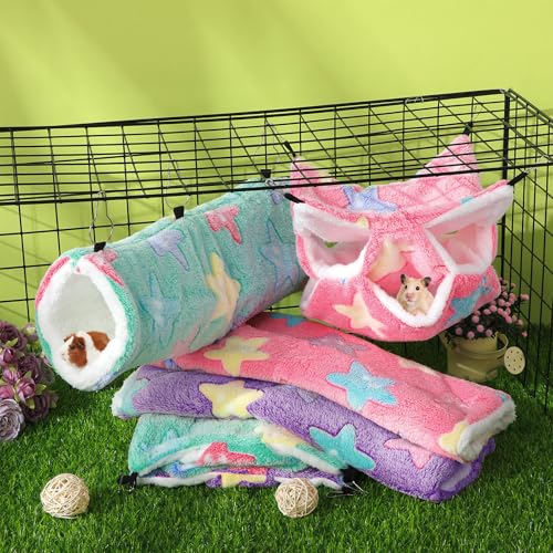 Abbylike 9 Pieces Rat Hammock 3 Tier Guinea Pig Ferret Hammocks Small Pet Hanging Tunnel Glider Toy Guinea Pig Ferret Hideout Bed Cage Accessories for Hamster(Green, Purple, Pink,Star) - color: Green, Purple, Pink