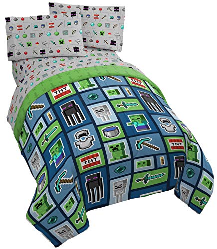 Minecraft Creeper Twin Comforter Set 4 Piece Kids Bedding for Boys, Multi | Zombie, Bed in a Bag, Comforter Sheets Pillowcase, Official Product, Soft Microfiber, Machine Washable, Boys Gift - color: Multi - Minecraft, size: Twin