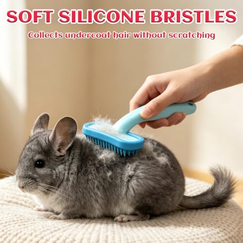 3PCS Rabbit Brush, Bunny Grooming Comb & Soft Silicone Small Pet Brushes | with Grey Cleaning Brush, Small Animals Massager Cat Shedding Brush Pet Hair Remover Dog Combs for Kittens Puppies