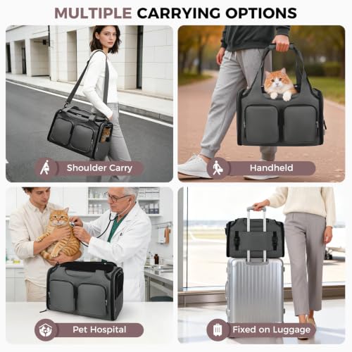 Dog, Cat Carrier for Pets Up to 12 Lbs, Airline Approved Collapsible Soft-Sided Pet Travel Bag with Locking Zippers, Breathable Mesh and 4 Large Pockets, Removable Fleece Pad (Dark Grey) - color: Dark Grey