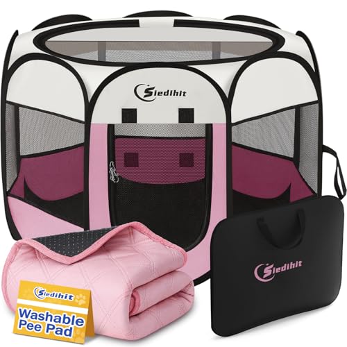 Sieidihit Dog Cat Playpen Tent Crate Cage with Washable Pee Pad, Small Pink | Pet Nursing Enclosure Camping Rest Zone for Recovering Pets New Pet Quarantine Room Portable Pop Up Easy Set up lightweight - color: Pink with Pad