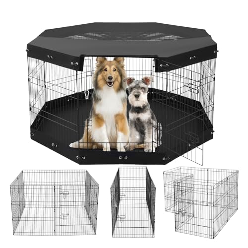 VEVOR Dog Playpen, 8 Pcs 30" H x 24" W Panels Foldable Metal Pet Exercise Pen, Dog Fence Indoor and Outdoor Pen with Door, Bottom Pad and Top Cover, Pet Playpen for Dogs, Cats, Other Small Animals - size: 8 panels 30*24in, style: Playpen + Top Cover & Bot