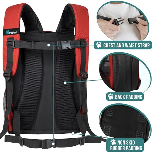 PetAmi Dog Backpack Carrier Airline Approved Cat Pet Puppy Bag, Red | Ideal for Small Medium Large Pet up to 18 lb, 2 Side Entry Structured No-Collapse Frame, Ventilated Bookbag for Hiking Travel - color: Red