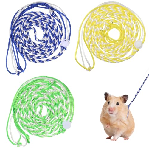 Hamster Leash, 3 Pcs Adjustable Leash Harness for Small Animals, Soft Lightweight Animal Leashes for Rabbits, Ferrets, Guinea Pigs, Chinchillas, Rats(Yellow, Blue, Green)