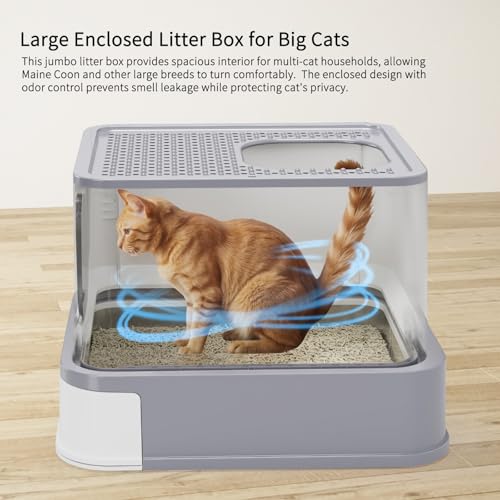 RIZZARI Stainless Steel Cat Litter: Enclosed, Top Entry, Easy Clean | Teflon Non-Stick Coating / High Splash Sides / Odor-Control Seal / Slide-Out Sifting Drawer / Leak-Proof / Multi-Cat & Garage - color: Gray