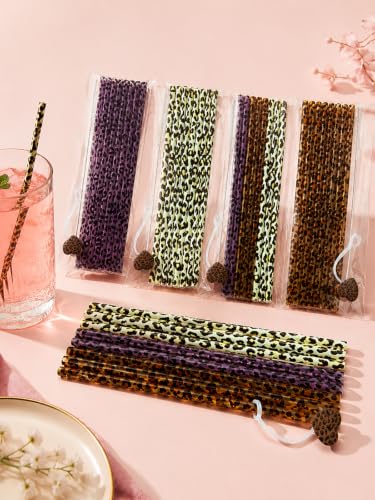10PCS Set Leopard Straw Cheetah Animal Straws Hard Plastic Reusable Straw and Cleaning Brush Heart Silicone Straw Toppers with Leopard Print Summer Party Supplies (White) - color: White