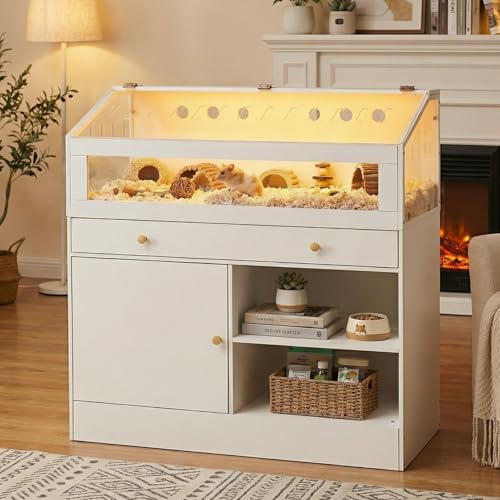 Hamster Cage with Storage Cabinet, Small Animal Habitat – Furniture-Style Enclosure with Built-in LED Light & Acrylic Panels for Hamsters, Guinea Pigs, Rabbits