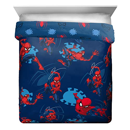 Marvel Spiderman Queen Comforter Set 5 Piece Kids Bedding for Boys, Blue | Bed in a Bag, Comforter Sheets Pillowcases, Official Product, Soft Microfiber, Machine Washable, Easy Care, Boys Gift - color: Blue - Spiderman, size: Queen