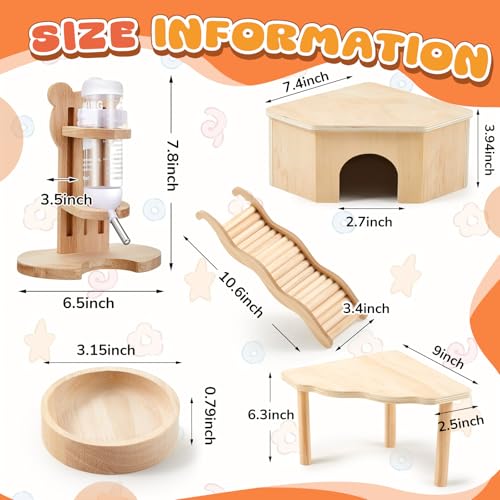 5 Pcs Hamster Cage Accessories, Wood Hamster Play Wooden Platform Water Bottle with Stand Climbing Set for Rat Mice Small Animals Pets Habitats Woodland Decor(Scalloped Platform) - style: Scalloped Platform
