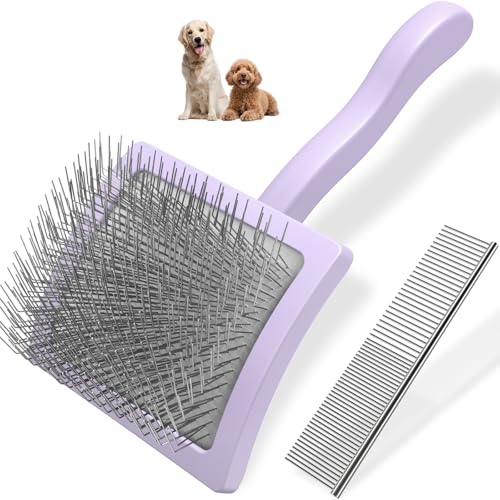 2PCS Slicker Brush for Dogs & Pet Comb,Professional Dog Grooming Brush (Goldendoodles,Poodles,Labradoodles) with Extra Long Pins to Effectively Remove Tangles, Knots and Mats (Light Purple, Large) - color: Light Purple, size: Large