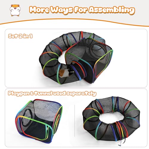 Guinea Pig Playpen with Tunnel, Rainbow Playpen with 98.4" Extended Tube & Open Side, Rabbit Playpen for Bunny, Hamster, Ferret, Chinchilla, Chickens & Small Animals to Play Indoor or Outdoor