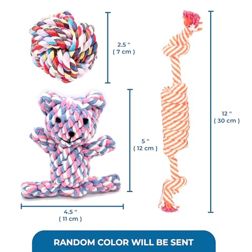 SunGrow Cotton Knot Puppy Chews, 4.5" Tough Teething Chewable Teddy Bear, 2.5" Ball, 12" Durable Oral Chew Rope, Handwoven for Small Breeds Dog, Massage Teeth, Gums, Random Color, 3 Pcs