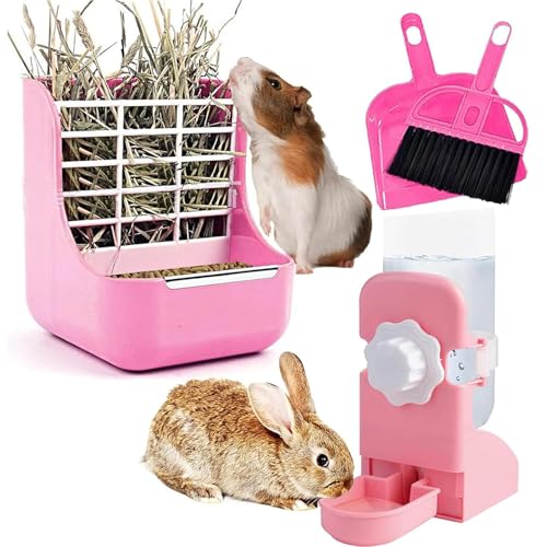 HERCOCCI Rabbit Hay Food Bin Feeder and Bunny Water Bottle Set, Hay Food Feeder Bowls Manger Rack with 500ml Hanging Water Dispenser Prevent Knock Over for Rabbit Guinea Pig Chinchilla (Large, Pink) - color: PINK