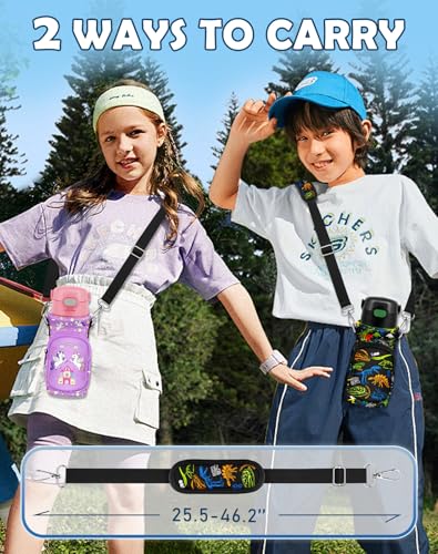 Water Bottle Carrier with Strap for Kids, 14-20 oz | Insulated, Neoprene Water Bottle Holder Bag with Pocket, Cute Cartoon, Bottle Bag for boys and girls, Walking Hiking Camping - color: Dinosaur Bone