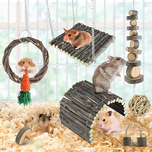 Hamster Toys Rat Toys Chinchilla Toys Hamster Chew Toys Natural Timothy Hay Sticks Apple Wood Sticks Ladder Bell Roller for Gerbil Guinea Pigs and Other Small Animal