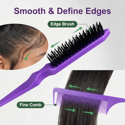 Slick Back Hair Brush Set, Purple 3-Piece Rat Tail Brush Teasing Comb with Metal Pin and Edge Brush Comb for Parting Smoothing and Styling at Home or Salon - color: purple