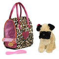 Pucci Pups Plush Pet Carrier Set, Pug with Leopard Print Carrier | 3-piece set with 1 dog with bow, 1 carrier, and 1 comb for cuddling, grooming, and take-along pretend play, Plush, 2+ Years - style: Pug - Heart Print Bag
