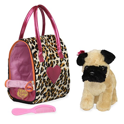 Pucci Pups Plush Pet Carrier Set, Pug with Leopard Print Carrier | 3-piece set with 1 dog with bow, 1 carrier, and 1 comb for cuddling, grooming, and take-along pretend play, Plush, 2+ Years - style: Pug - Heart Print Bag