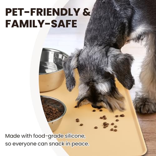 VIVAGLORY Pet Food Mat Flexmat Dog Bowl Mat, S, Beige Yellow | Non Slip Silicone for Pet Kitten & Doggy, Placemat with Lip for Floor - color: Beige Yellow, size: S (18.9 x 11.8in)