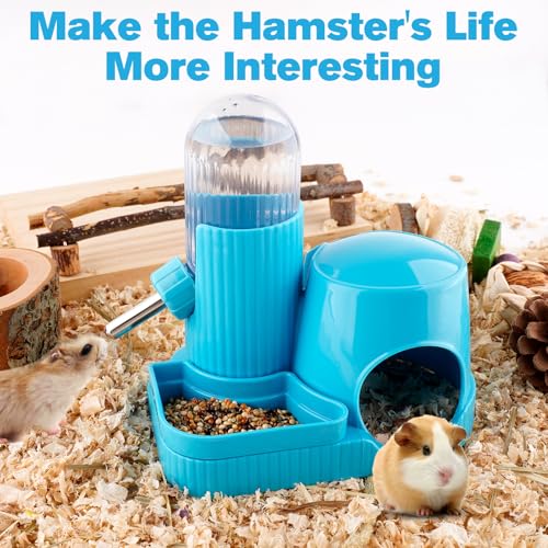 3 in 1 Multifunctional Hamster Water Bottle No Drip Gerbil 100ML Water Bottle Dispenser with Food Bowl Small Animal Auto Dispenser with Hideout Base Hamster Cage Accessories (Blue) - color: Blue