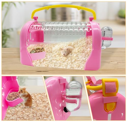 kathson Hamster Cage Travel Carrier Portable Cage with Water Bottle Outgoing Cage and Adjustable Strap Pet Cage for Small Pet Hedgehog Sugar Glider Squirrel Mice（Pink） - size: Pink