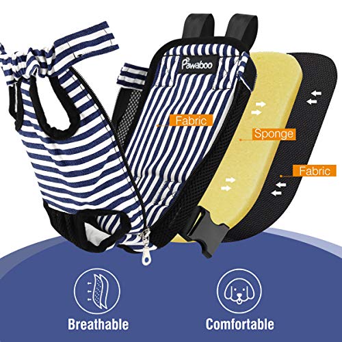 Pawaboo Pet Front Carrier Backpack for Small Medium Dogs | Legs Out Easy-fit,Adjustable Straps,Hands-Free,Soft Padded Support for Travel Hiking Cycling Camping,Blue Stripes,M - color: Blue & White Stripes, style: Medium (Pack of 1)