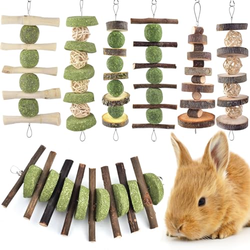ERKOON Bunny Chew Toys, Rabbit Chew Toys for Teeth Grinding, Improve Dental Health, 100% Natural Apple Wood Timothy Grass Cake Treats for Rabbits Guinea Pigs Chinchillas Bunnies Hamsters (7 Pcs) - style: 7 Pcs