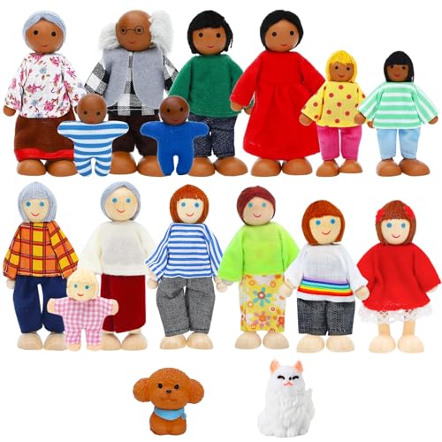 ONEST 17 Pieces Wooden Dollhouse Family Set Mini People Figures Dog Cat Sets Dollhouse Dolls Wooden Doll Family Pretend Play Figures Accessories for Pretend Doll House - style: G Set