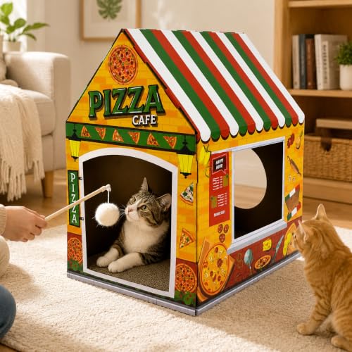 Cinrobiye Cardboard Cat House with Scratcher, Indoor Cat Condo Cat Cave Hideout with Scratch Pad, Cardboard Cat Playhouse Bed for Cats, Kittens, Rabbits & Small Pets (Pizza) - color: Pizza