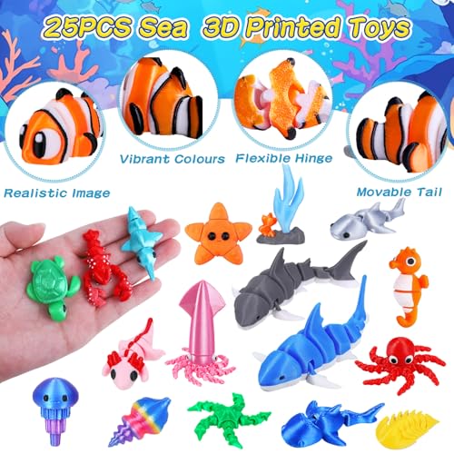 ywevyezc 25 Pcs 3D Printed Ocean Animals Set, Flexible Articulated Mini Sea Animal Figurines Fidget Toy Desk Pets, Ideal for Party Favors Birthday Gifts Office Desktop Home Decor - style: 25Pcs-3D Ocean Animals