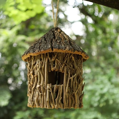 Twig-Covered Cylinder Birdhouse Squirrel House, 2.4" Entry for Medium Birds, Natural Branch Exterior & Waterproof Interior, Woodland Garden Backyard Decor - style: Cylindrical House