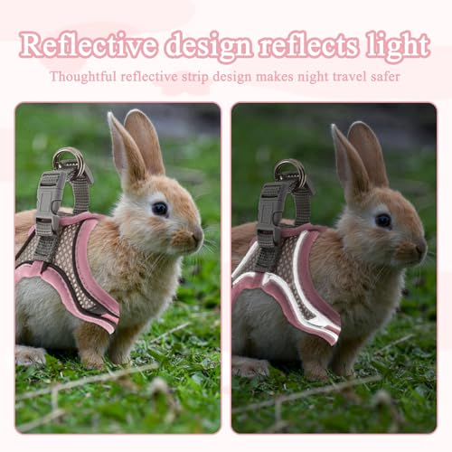 Rabbit Harness and Leash Set, Breathable Pet Vest, Bunny Harness with Reflective Strips, Soft Mesh for Small Kitten, Puppy, Rabbit and Small Animals(Pink)