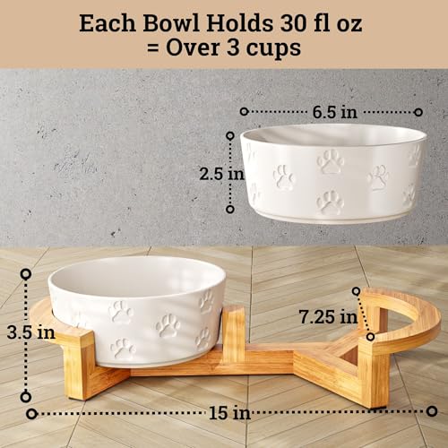Ceramic Dog Bowl Set of 2, Anti-Skid Bamboo Stand, Elevated, 3.8 Cups Each | Thick Ceramic Food and Water Bowls Set of 2, Dishwasher Safe, Anti-Skid Rubber Base, 3.8 Cups per Bowl, Sturdy Bamboo Stand - color: White with Stand, size: Medium