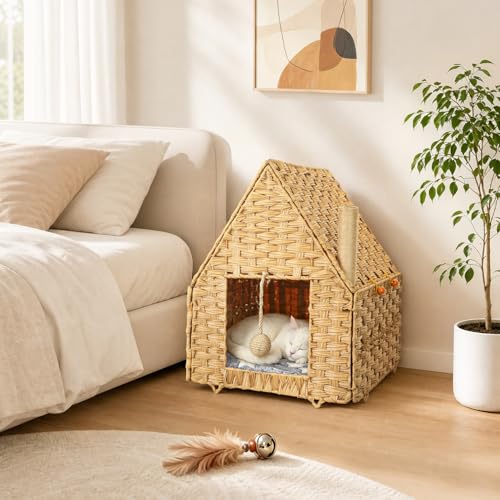 Handwoven Rattan Cat Bed for Indoor Kitten, Cat Cave Bed with Sisal Ball, Cushion & Cat Scratch Post, Foldable Hideaway Cat Hut in Bedroom Living Room, Natural - color: Natural B