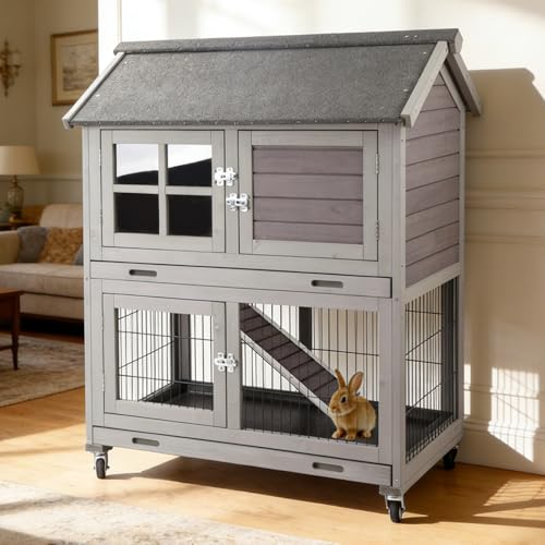 Rabbit Hutch Indoor Outdoor, Mobile Rabbit Cage with Wheels, Wooden Bunny Hutch with Leakproof Trays and Waterproof Roof, 2-Story Guinea Pig Cage - color: Grey, size: 38.6"L x 25.6"W x 44.2"H