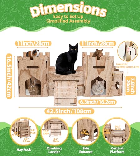 HIIMALEX Extra Large Wooden Bunny Castle House Multistory Climbing Tower Hideout Ventilated Sturdy Habitat for Rabbit Guinea Pig Chinchilla Ferret