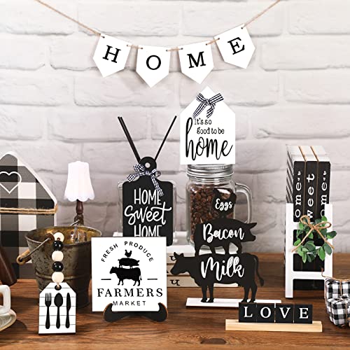 FairySandy Set of 11 Home Tiered Tray Decor Spring Welcome Rustic Farmhouse Tiered Tray Decorations Set Home Wooden Signs Vintage Farm Animal Farmhouse Tabletop Wood Sign for Kitchen Table Shelf Decor - style: Rustic