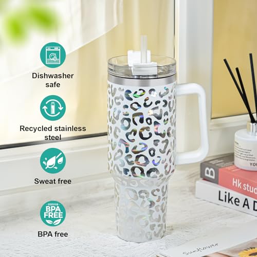 40 oz Tumbler with Handle and Straw, 100% Leak-Proof Travel Mug, Stainless Steel Double Wall Vacuum Insulated Coffee Cup Keeps Cold For 34 Hours, Dishwasher Safe, Green Leopard - color: Green Leopard