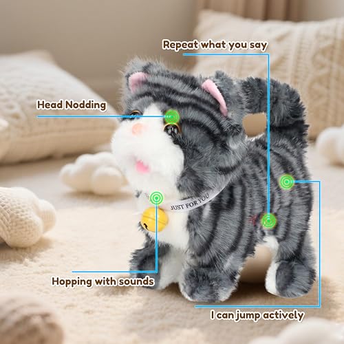 Easfan Walking Kitty Cat Stuffed Animal Talking Plush Toy for Kids | Wagging leash tail, Interactive , electric musical birthday holiday gifts, for toddlers - style: Tabby cat