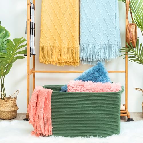 22in Extra Large Blanket Basket Holder Living Room, Rectangle Rope Woven Storage Basket with Handles for Laundry, Pool Towels, and Shoes, Dog Toy Organizer Bin Box, Forest Green - color: Forest Green