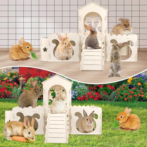 Extra Large Rabbit Castle, Wooden Bunny House & Hay Feeder, Detachable Rabbit Hideaway, Indoor Rabbit Castle with Ramp, Small Animal Houses & Habitats - size: Extra Large-4 House