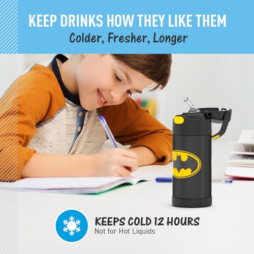 THERMOS FUNTAINER Water Bottle with Straw, 12oz, Batman | Kids Stainless Steel Insulated Water Bottle, Keeps Drinks Cold Longer for School & Play, BPA-Free - color: Batman, size: 12 Ounces