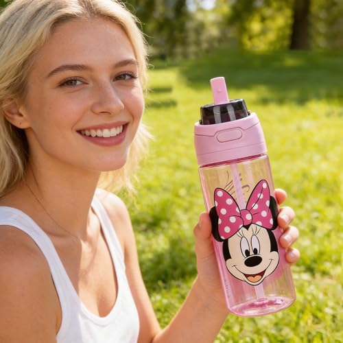 Bioworld Minnie Mouse Classic Big Face Pink 24 Oz Plastic Water Bottle With Dual Spout Lid - color: Minnie Mouse Classic Big Face
