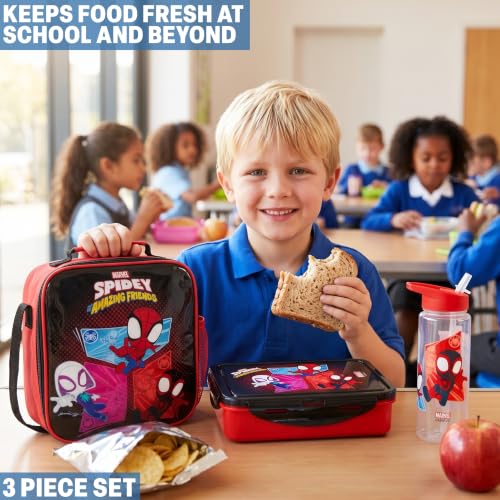 Get Trend Marvel Spidey and His Amazing Friends Boys Lunch Box 3Pc Set | Kids Insulated Lunch Bag with BPA-Free Water Bottle and Snack Box, Back to School Ghost Spider, Miles Morales Gifts for Boys - color: Red/Black Spidey and Friends