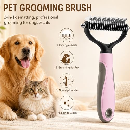 2Pcs Pet Grooming Brush, Pet Knotter Dog Grooming, Deshedding Dog Brush Removes Tangles Knots and Loose Fur, Pets Knotting Comb, Pe t Pro Double Sided Shedding Brush (Blue+Pink)