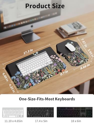 3-in-1 Ergonomic Keyboard Stand with Wrist Rest & Mouse Pad Set, Flower | Comfy Keyboard Riser Holder Soft Mousepad with Massage Design, Memory Foam and Non-Slip PU Base for Pain Relief - color: Black Flower