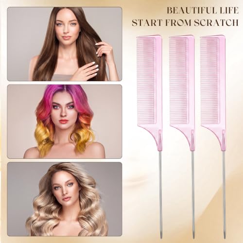 Leinuosen 3 Pack Rat Tail Comb Carbon Fiber,Clear Pink | Steel Pin Tail for Sectioning, Heat Resistant Teasing, Pick Comb for Women Wig Styling, Fishtail Design for Salon Updos - color: Clear Pink