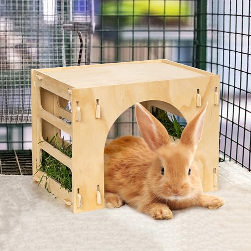Kathson Large Rabbit Hideout with Hay Feeder Natural Wooden Guinea Pig House Detachable Rabbit Hutch Indoor Bunny Castle for Chinchilla Guinea Pigs Bunnies and Other Small Animals