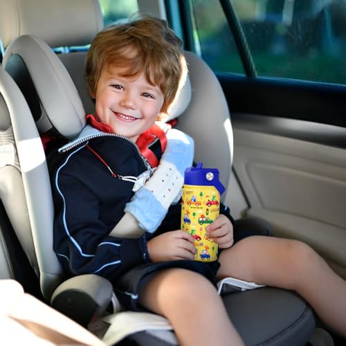 SANDJEST Kid Water Bottle 12oz with Straw Lid - 2-Pack Insulated Stainless Steel Water Bottles for Kids Boys Girls - Travel Cup for School Sports, Construction & Transportation - color: Construction + Transportation (2 Pack)