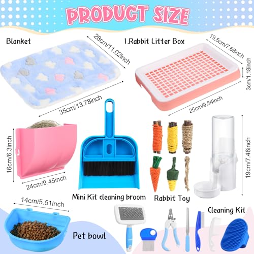 19 Pcs Rabbit Starter Kit Small Bunny Litter Box Rabbit Grooming Kit Water Bottle Bunny Toys Hay Feeder Bowl Blankets with Cleaning Set for Guinea Pig Accessories (Pink-White,Strawberry Bear) - color: Pink-white, style: Strawberry Bear